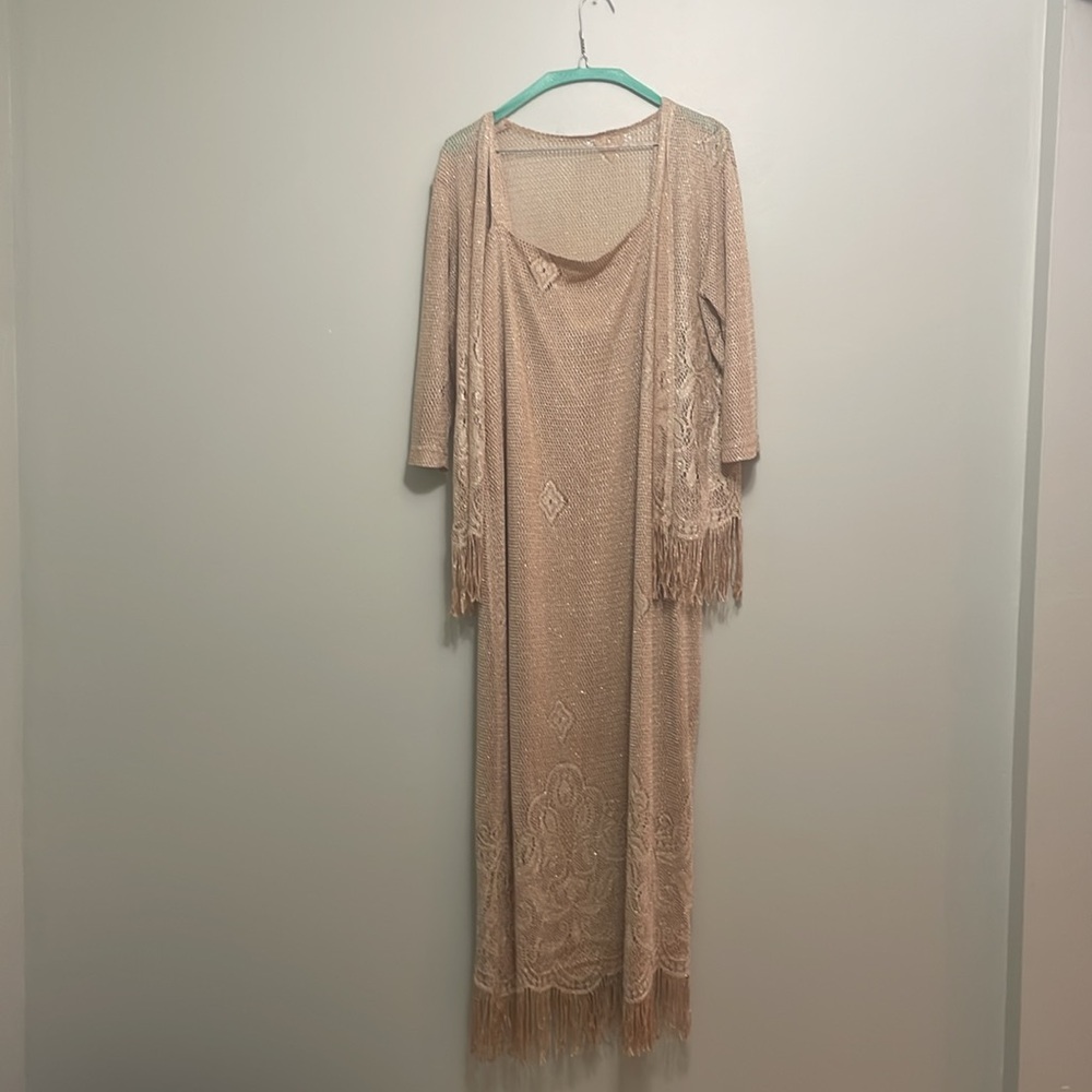 Vntg Harlow Y2k Women’s 2 Pc Maxi Lined Size 10 Knit Jacket/Dress fringes /gypsy